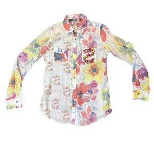 Desigual Embroidered Floral Long Sleeve Roll Tab Shirt Medium Western Rockabilly
